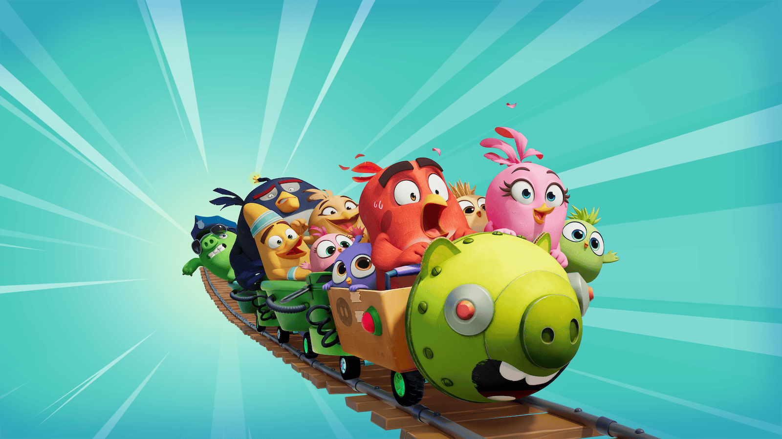 Angry Birds characters riding together on a track